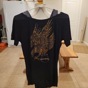 🏍NWT~SEXY HARLEY-DAVIDSON BLACK TEE WITH GOLD EAGLE GRAPHIC